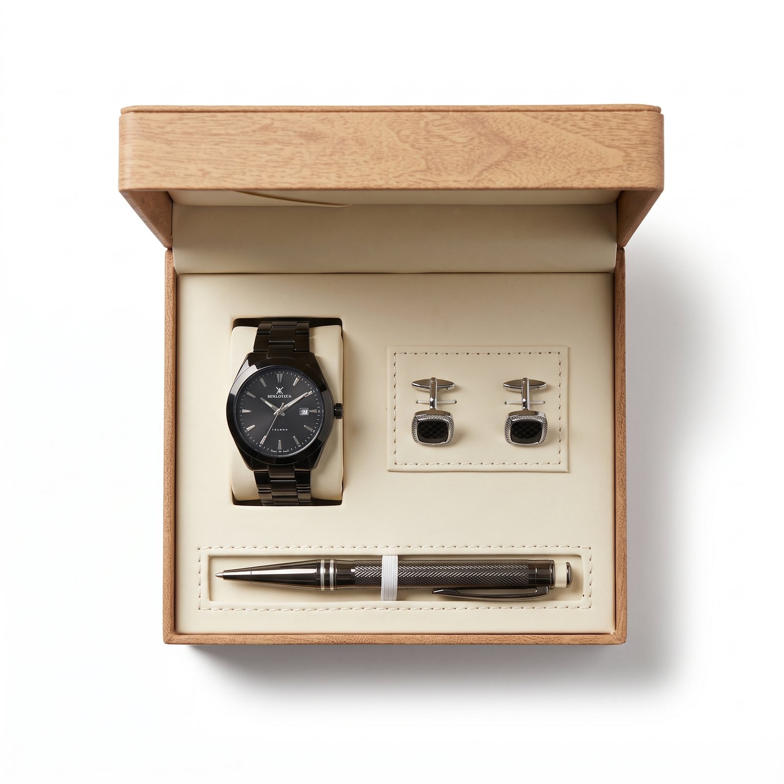 Open gift box with watch, cufflinks and pen