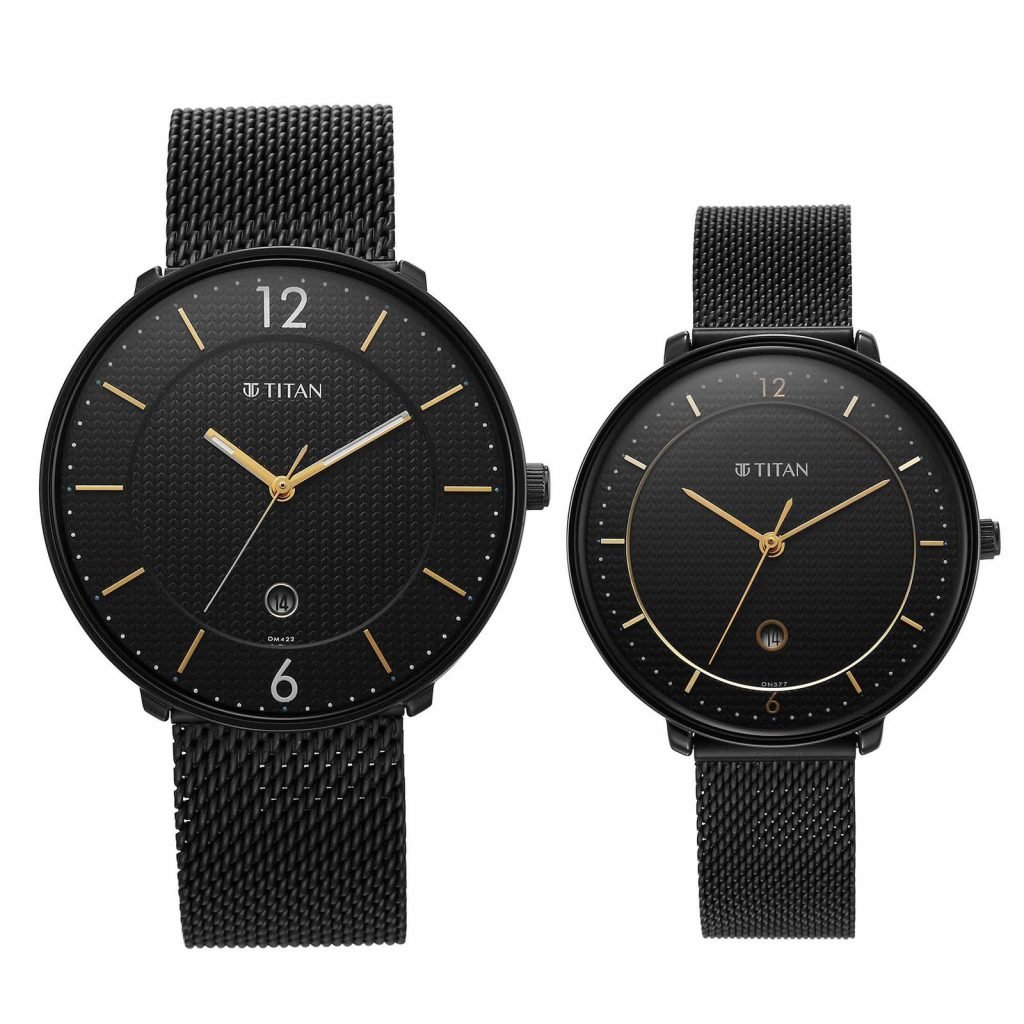 Titan Couples Watch with Black Dial & Black Stainless Steel Strap, 1849NM01P