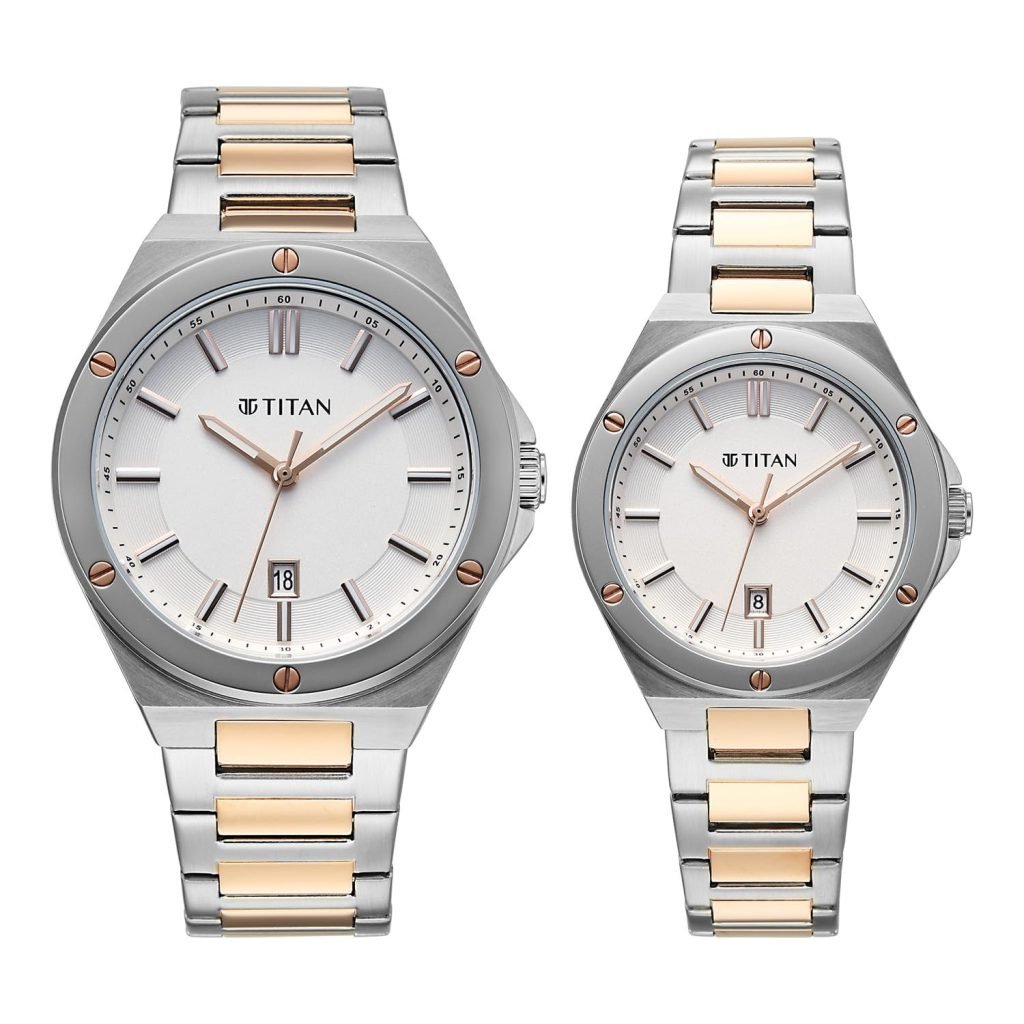 Titan Modern Pair Unisex Quartz Analog Couple Watch Stainless Steel Strap, TI-94016KM